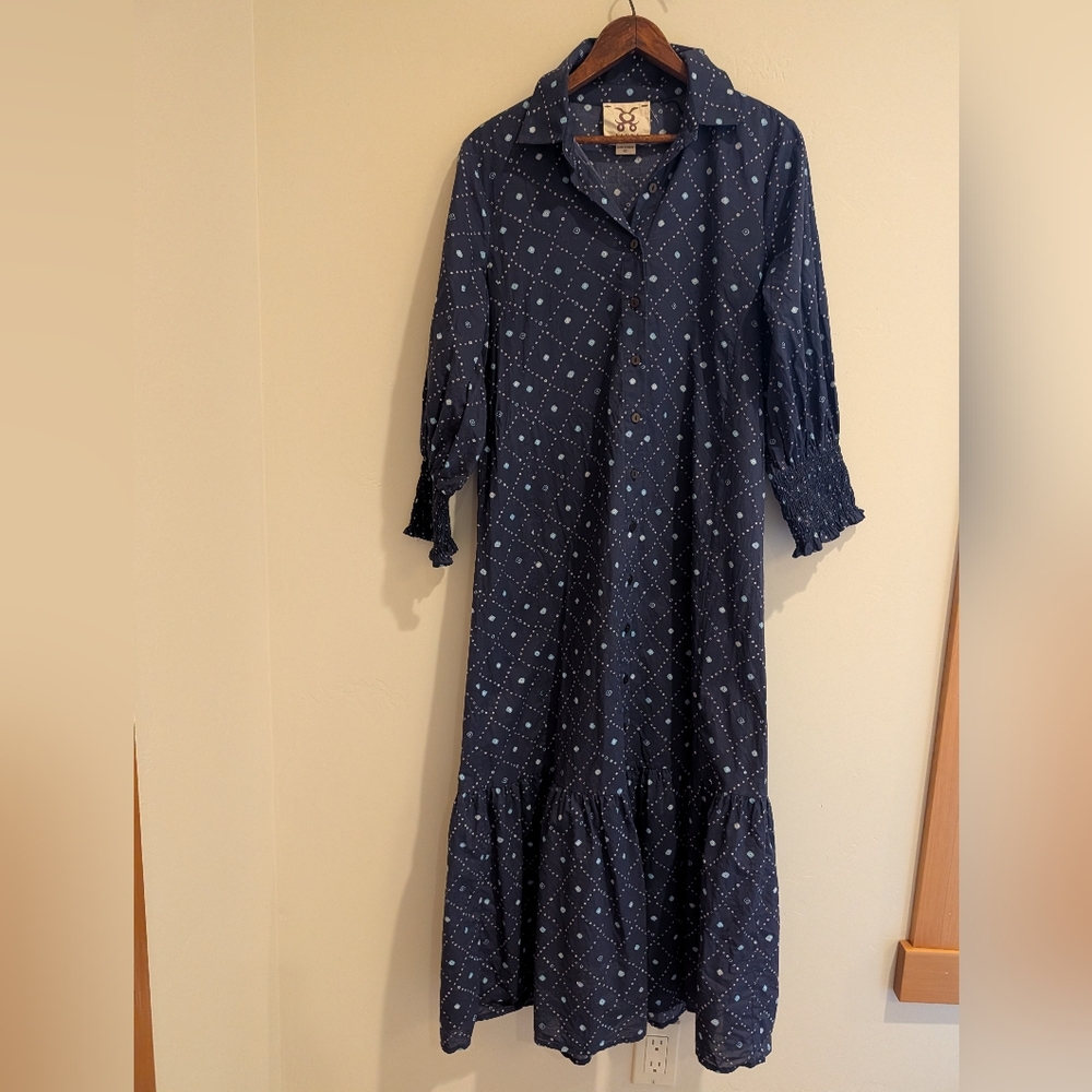 FIGUE 100% Cotton Maxi Dress Smocked Ruffle Navy 💙 Blue Boho Small